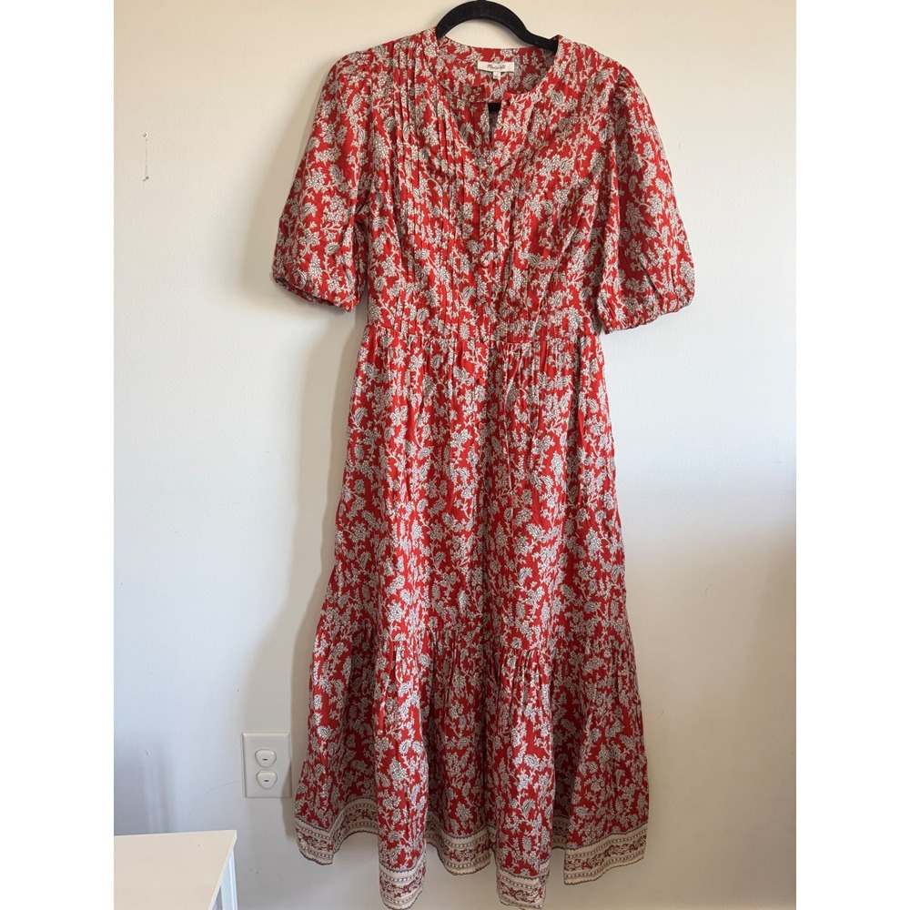 Madewell Red Floral Midi Dress Size 4 Boho Cottagecore Puff Sleeve Tiered NWT
